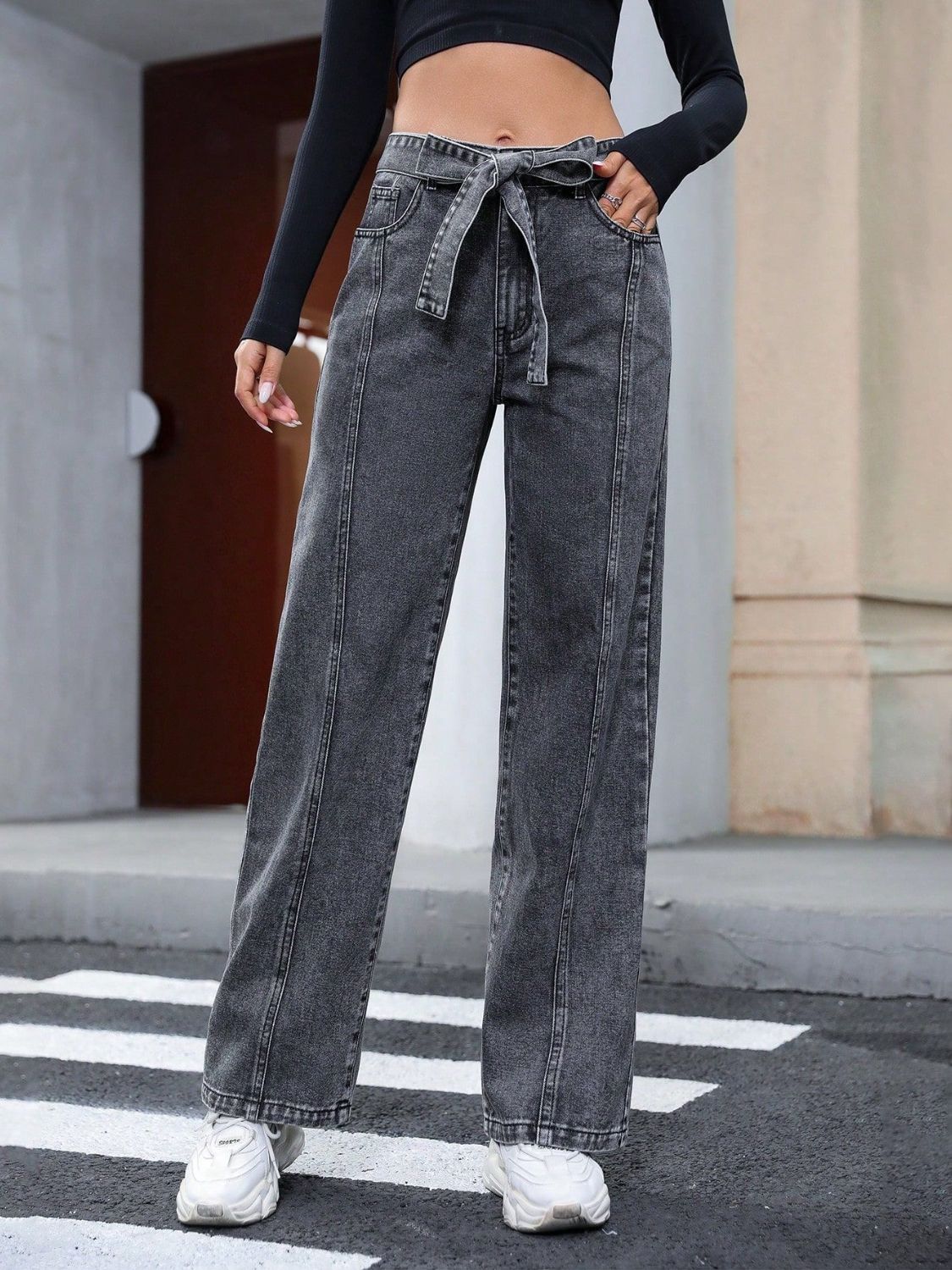 Tied Straight Leg Jeans with Pockets - felvior