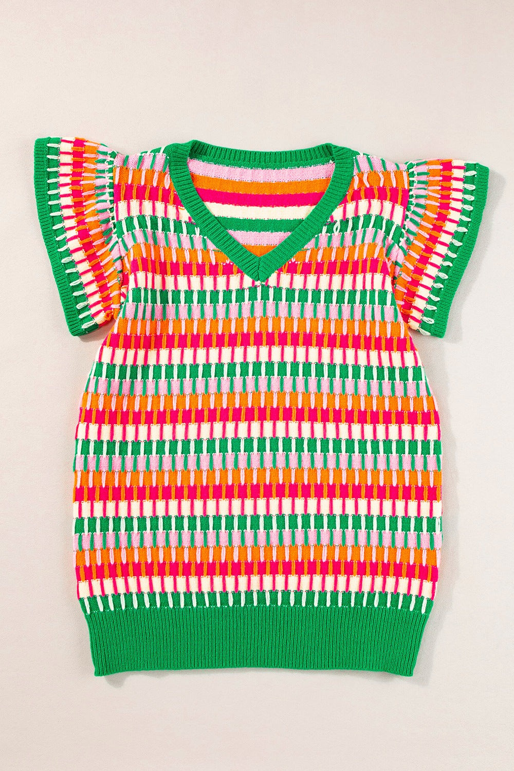 Contrast Striped V-Neck Knit Top - felvior