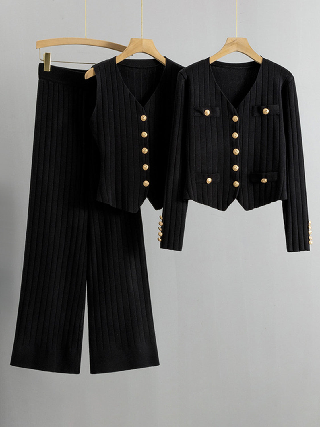 V-Neck Tank, Cardigan and Pants Three-Piece Sweater Set - felvior