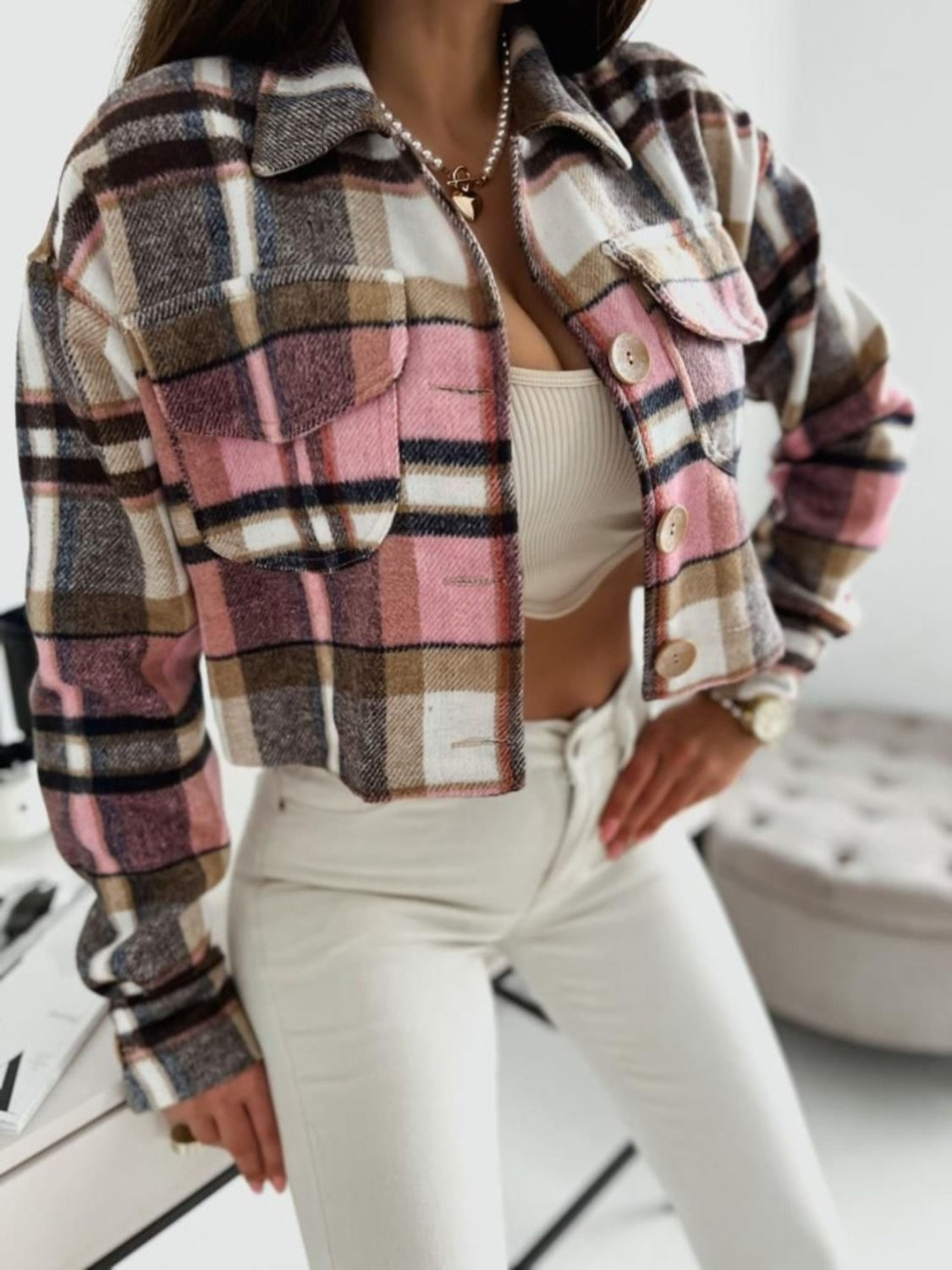 Pocketed Collared Neck Long Sleeve Plaid Jacket - felvior