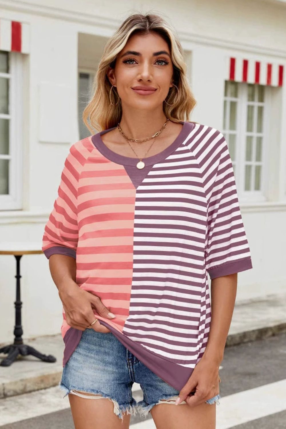 Striped Round Neck Half Sleeve T-Shirt - felvior