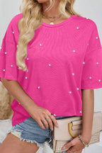Pearl Detail Round Neck Half Sleeve T-Shirt