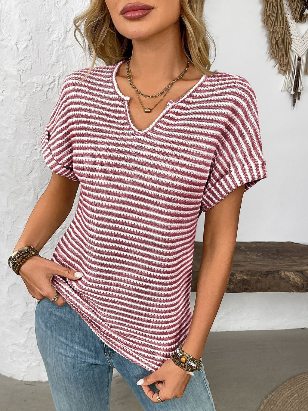 Striped Notched Short Sleeve T-Shirt
