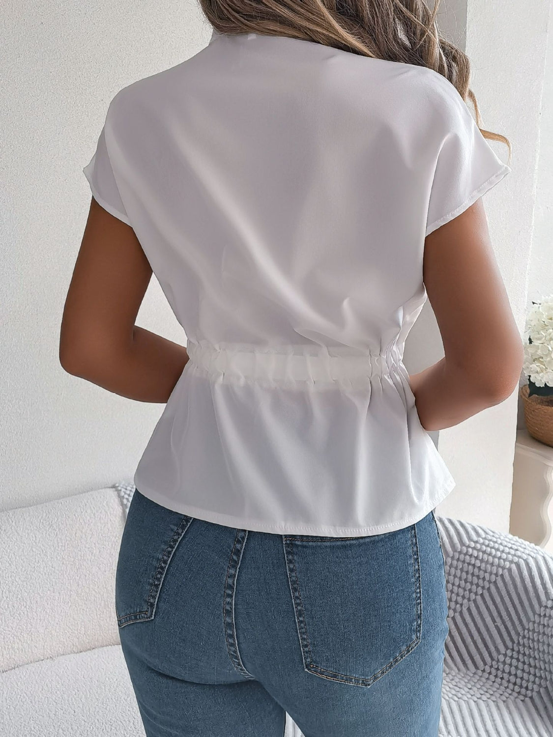 Notched Short Sleeve Blouse - felvior