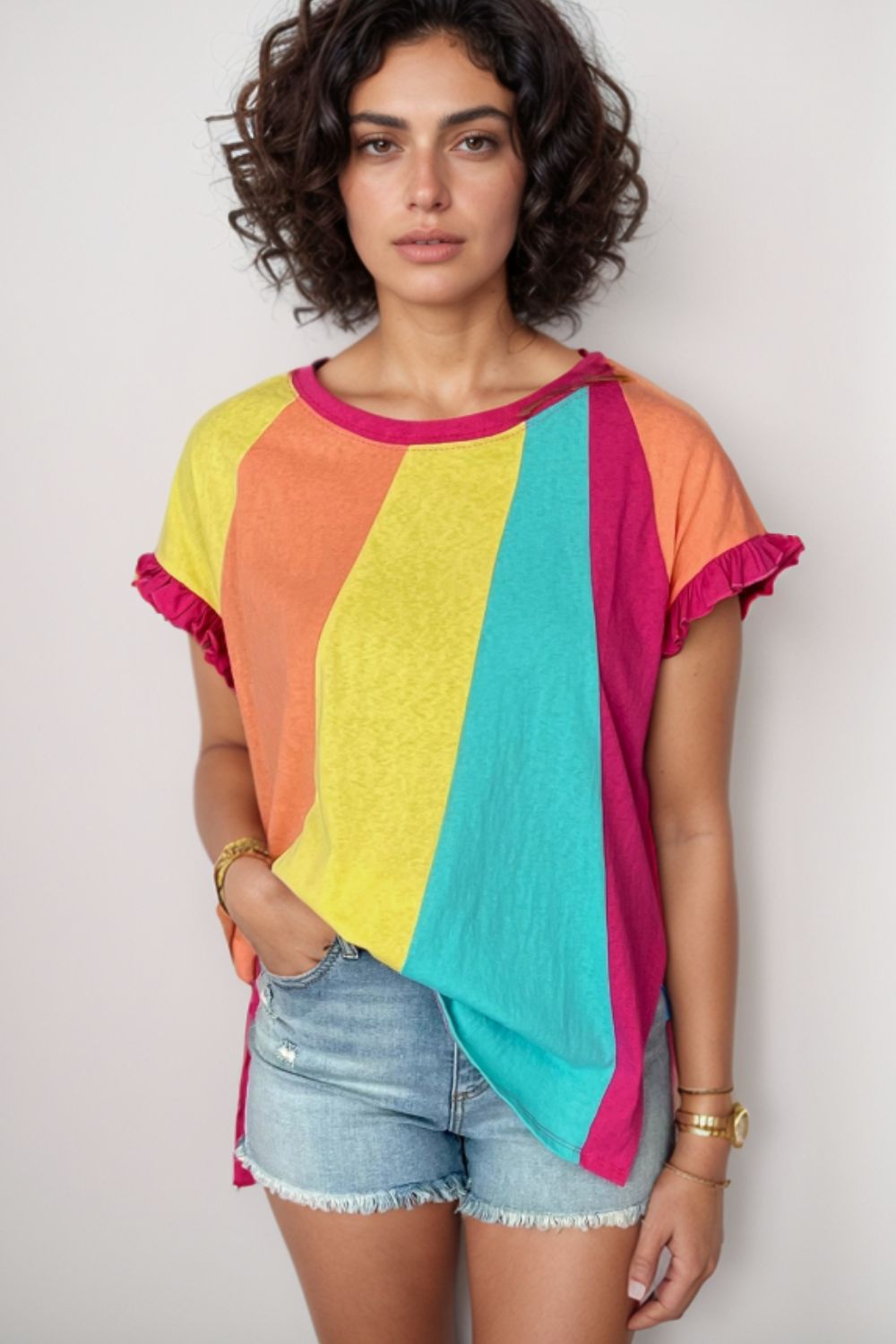 Frill Color Block Crew Neck Loose Fit T Shirt