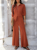 Devine Button Down Long Sleeve Top and Wide Leg Pants Set