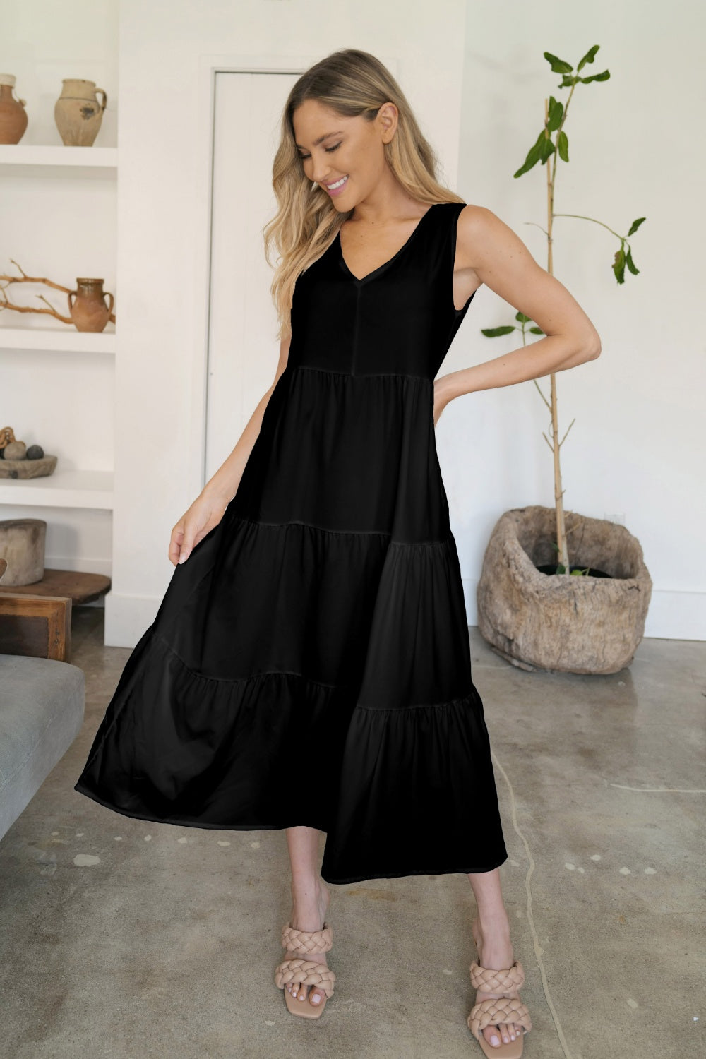 FAM-FAM Tiered V-Neck Sleeveless Dress - felvior