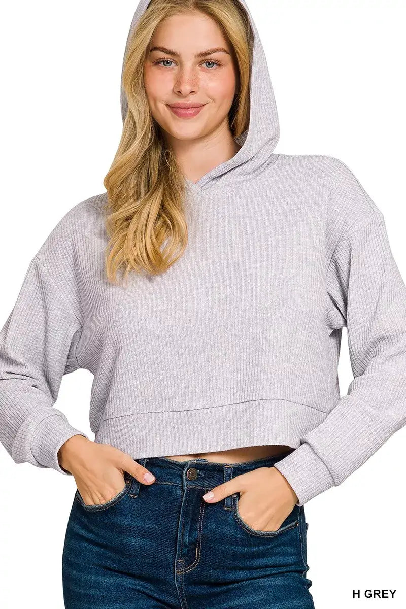 Zenana Drop Shoulder Ribbed Crop Hoodie Image principale du produit