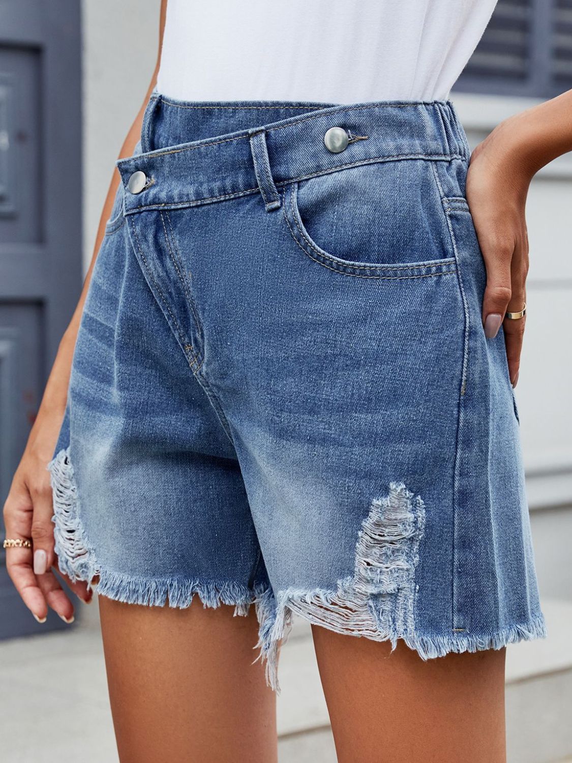 Distressed Raw Hem Asymmetrical Waist Denim Shorts - felvior