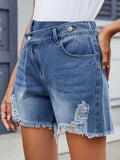 Distressed Raw Hem Asymmetrical Waist Denim Shorts - felvior