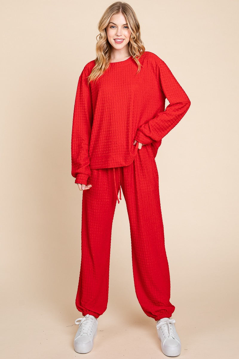 Super Lady Full Size Crinkle Check Round Neck Top and Pants Lounge Set - felvior