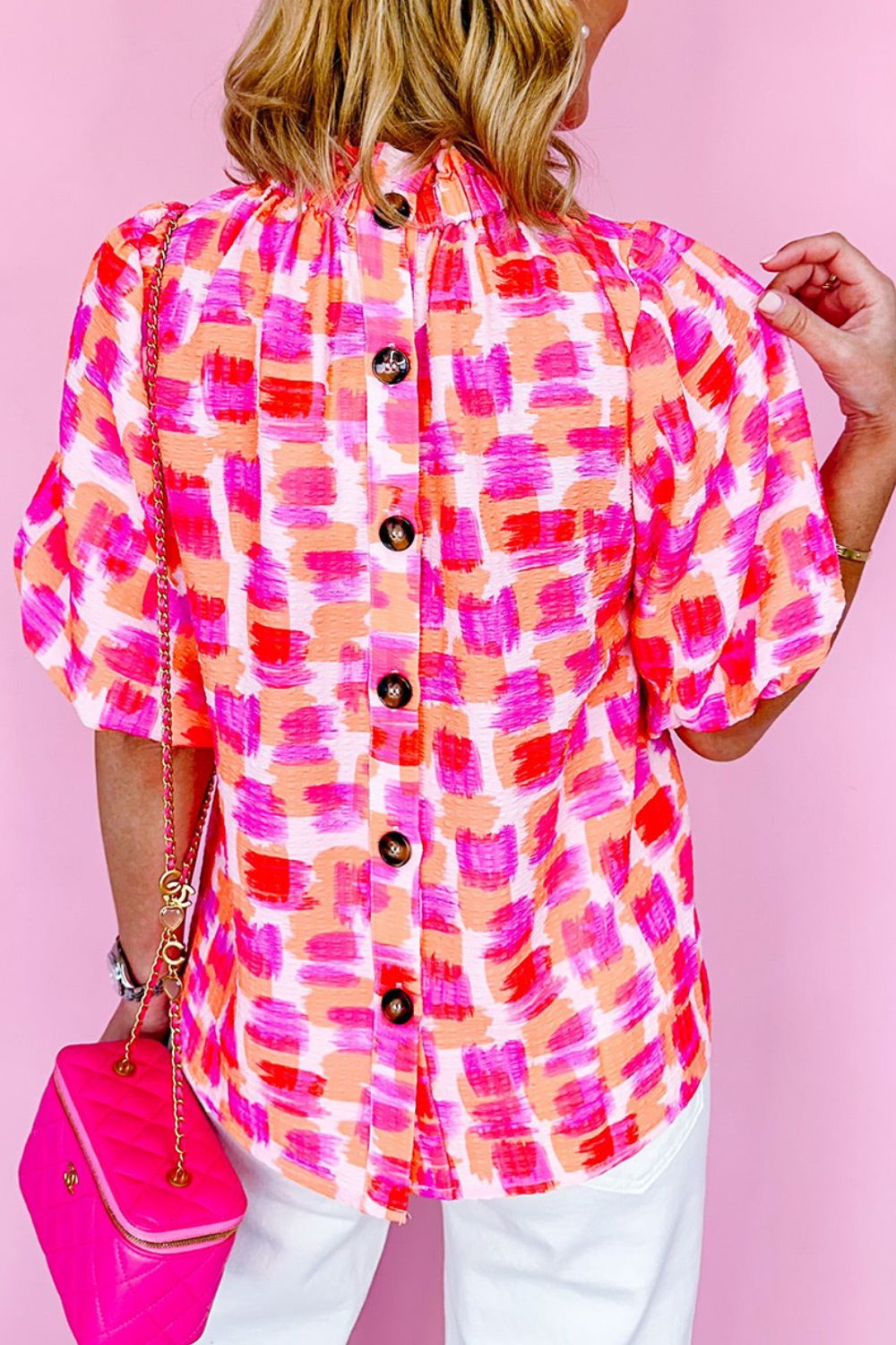 Abstract Print Button Back Ruffed Mock Neck Blouse