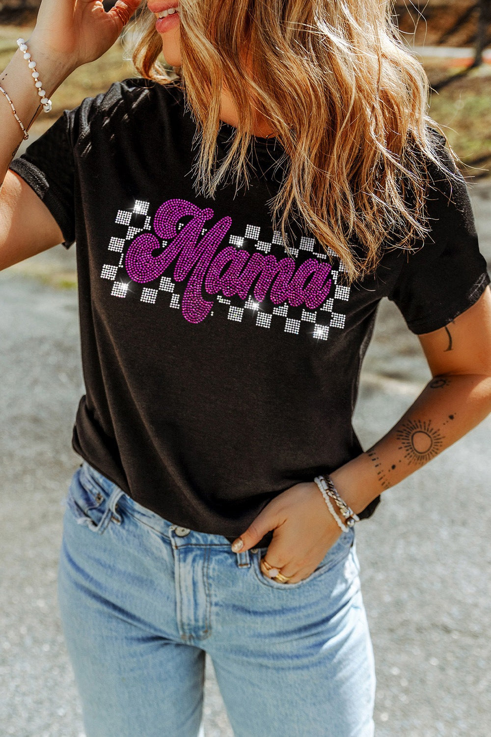 MAMA Rhinestone Letter Round Neck T-Shirt