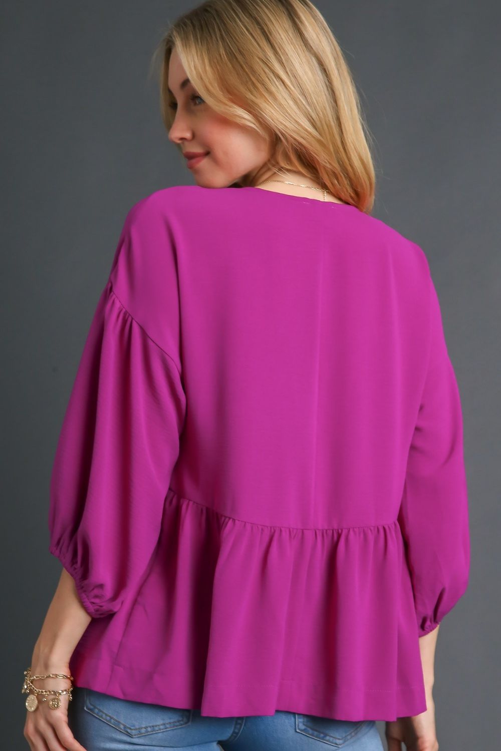 Umgee Full Size V-Neck Puffed 3/4 Sleeve Babydoll Blouse Plus Size
