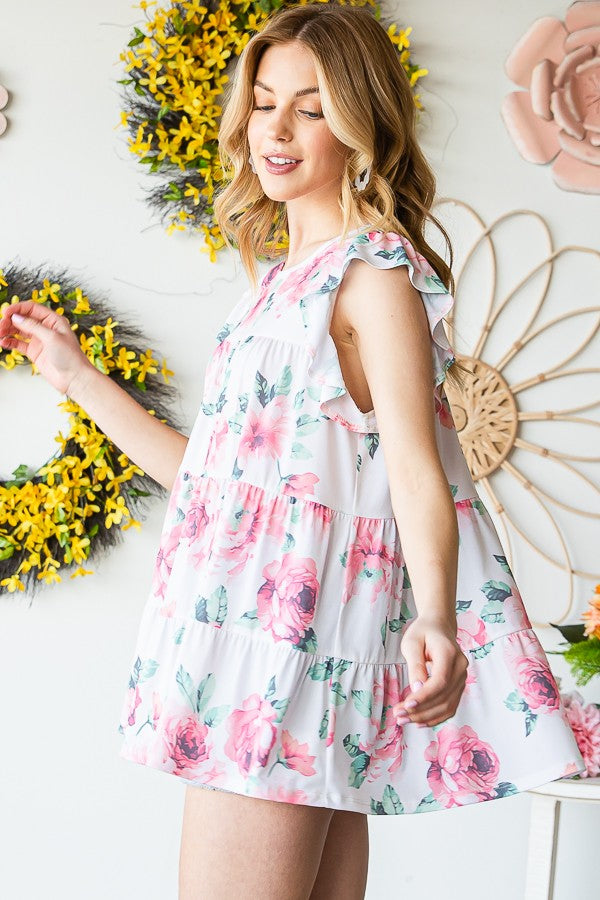 Heimish Full Size Butterfly Short Sleeve Round Neck Floral Print Tiered Top Plus Size - felvior