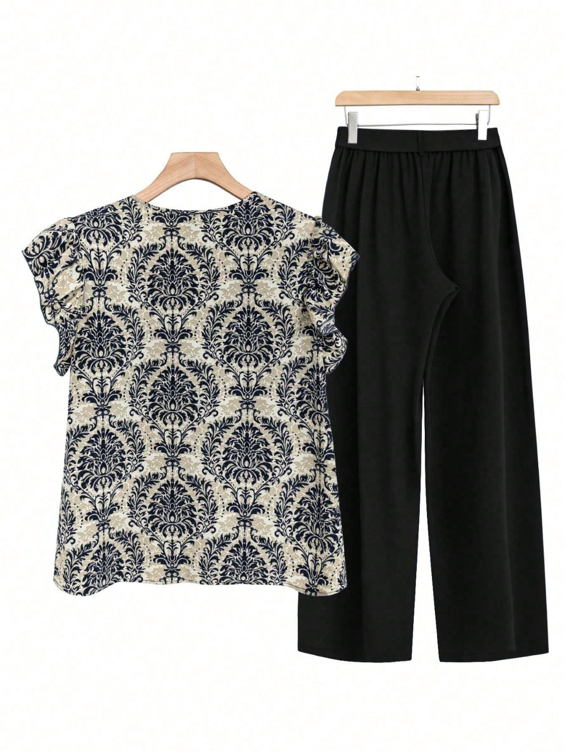 Printed Ruffled Cap Sleeve Top and Pants Set - felvior