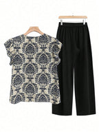 Printed Ruffled Cap Sleeve Top and Pants Set