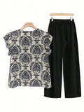 Printed Ruffled Cap Sleeve Top and Pants Set - felvior