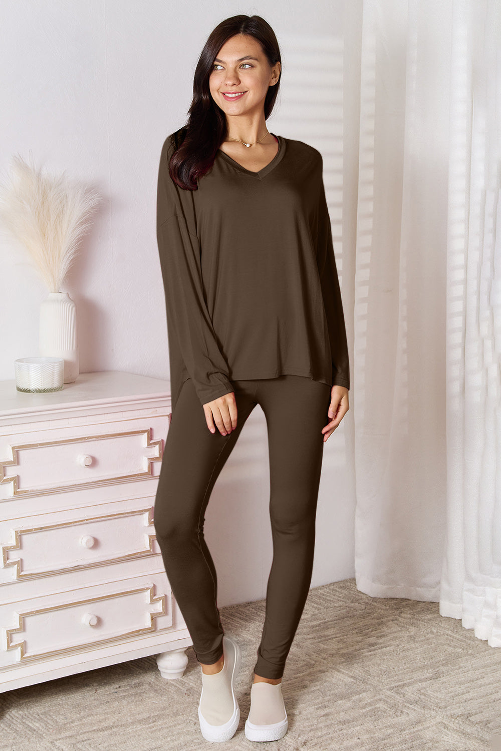 Basic Bae Bamboo Full Size V-Neck Long Sleeve Top and Pants Lounge Set - felvior