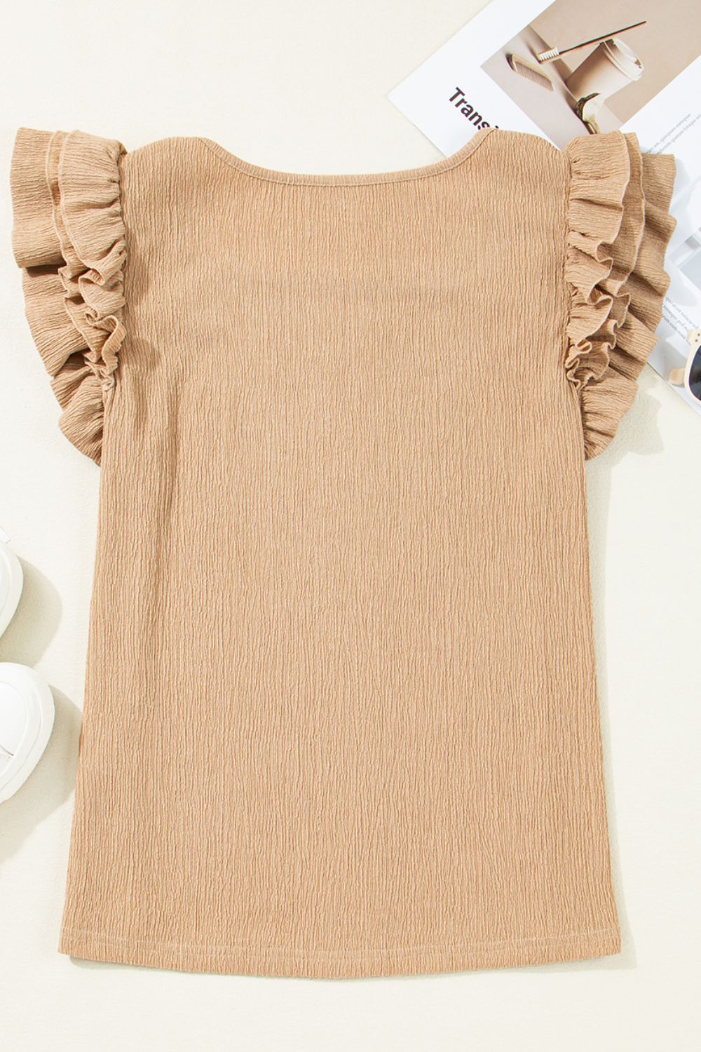 Ruffled Square Neck Textured Cap Sleeve Top - felvior