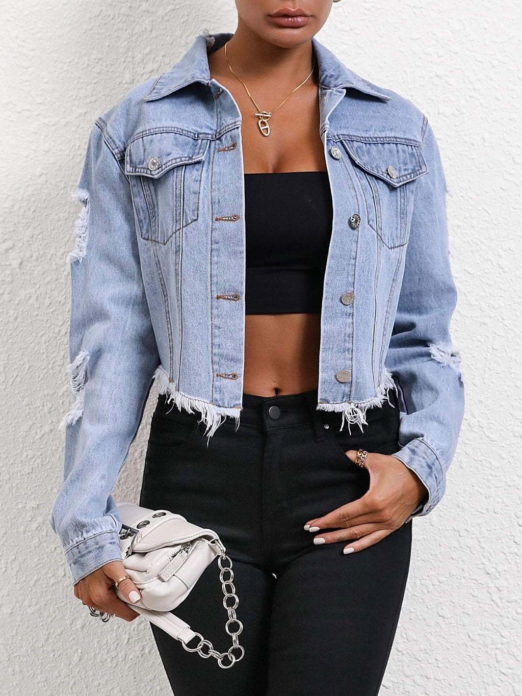 Distressed Raw Hem Button Up Denim Jacket