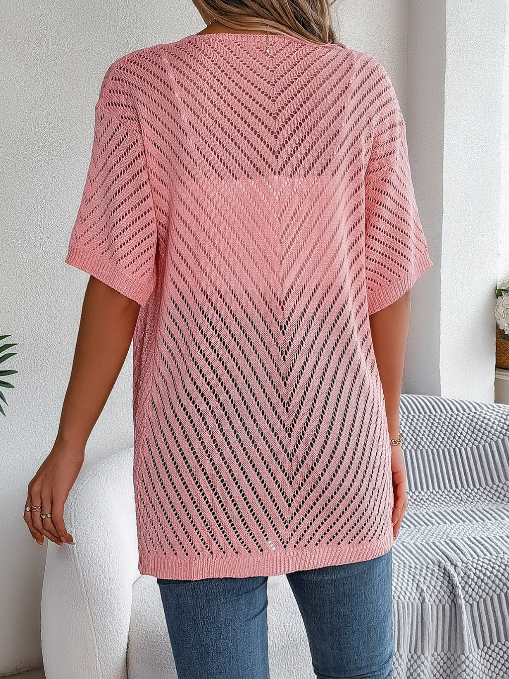 Openwork Open Front Half Sleeve Cardigan