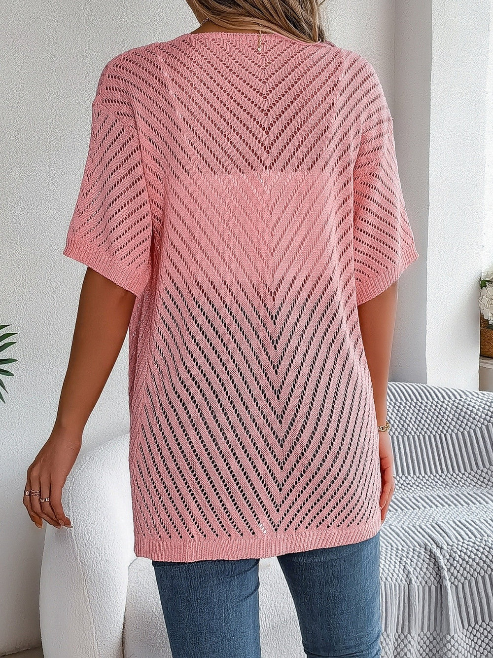 Openwork Open Front Half Sleeve Cardigan