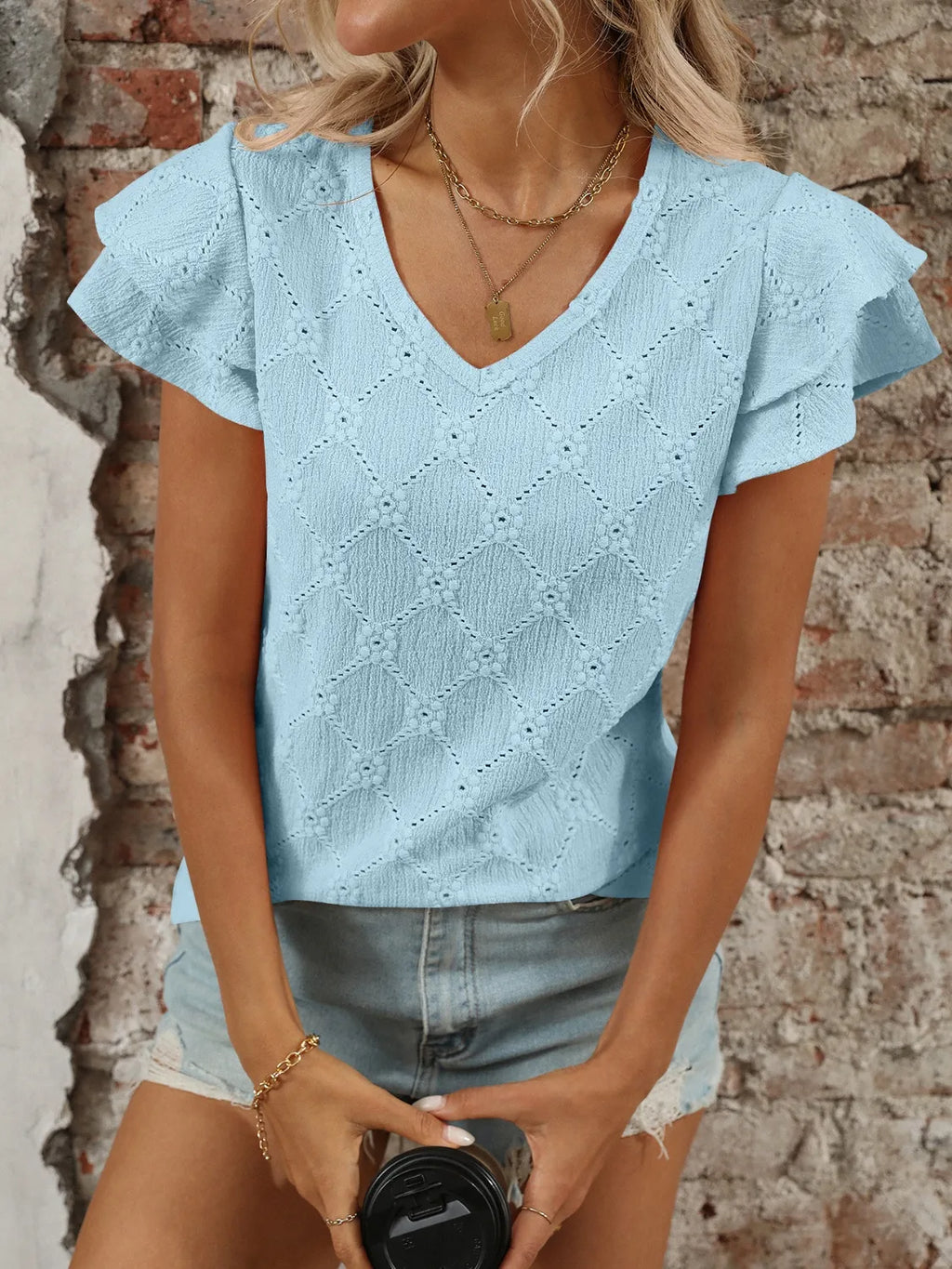 Eyelet V-Neck Ruffled Cap Sleeve Top