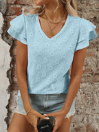 Eyelet V-Neck Ruffled Cap Sleeve Top