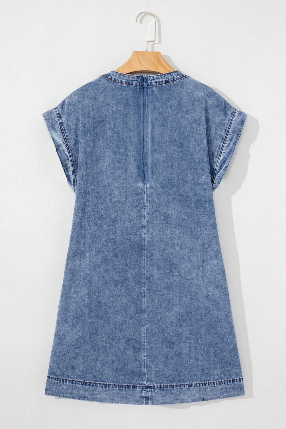 Tie V Neck Tucking Detail Short Sleeve Denim Dress - felvior
