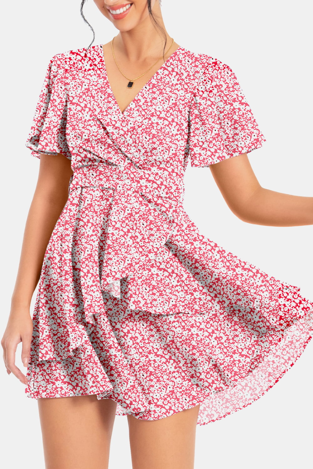 Surplice Neck Flutter Sleeve Dress - felvior