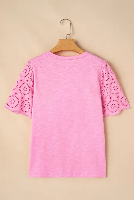 Eyelet Embroidery Scalloped Sleeve Round Neck Top - felvior