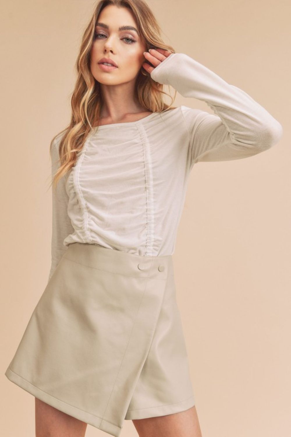 Aemi + Co Ruched Front Round Neck Long Sleeve T-Shirt
