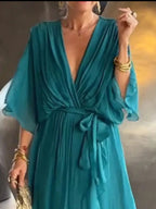 Full Size Flowy Tie Front Midi Dress with Flutter Sleeves Plus Size