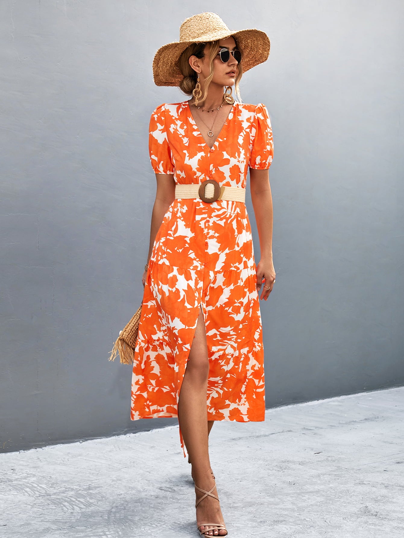 V-Neck Short Sleeve High Slit Midi Dress - felvior