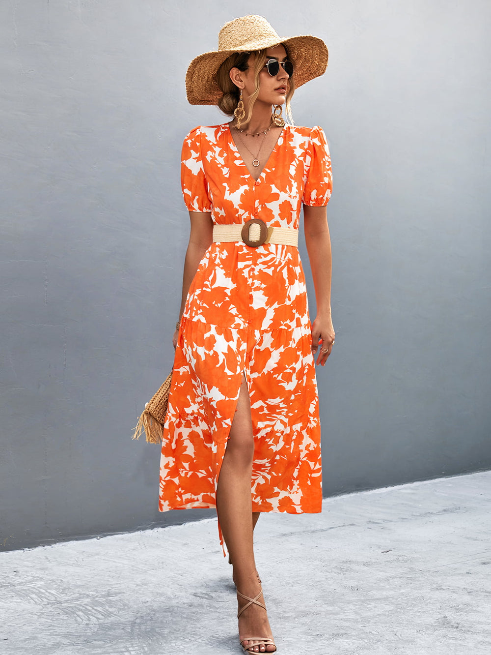 V-Neck Short Sleeve High Slit Midi Dress - felvior