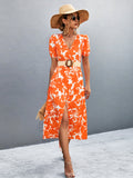 V-Neck Short Sleeve High Slit Midi Dress - felvior