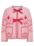 Embroidered Tied Striped Round Neck Coat - felvior