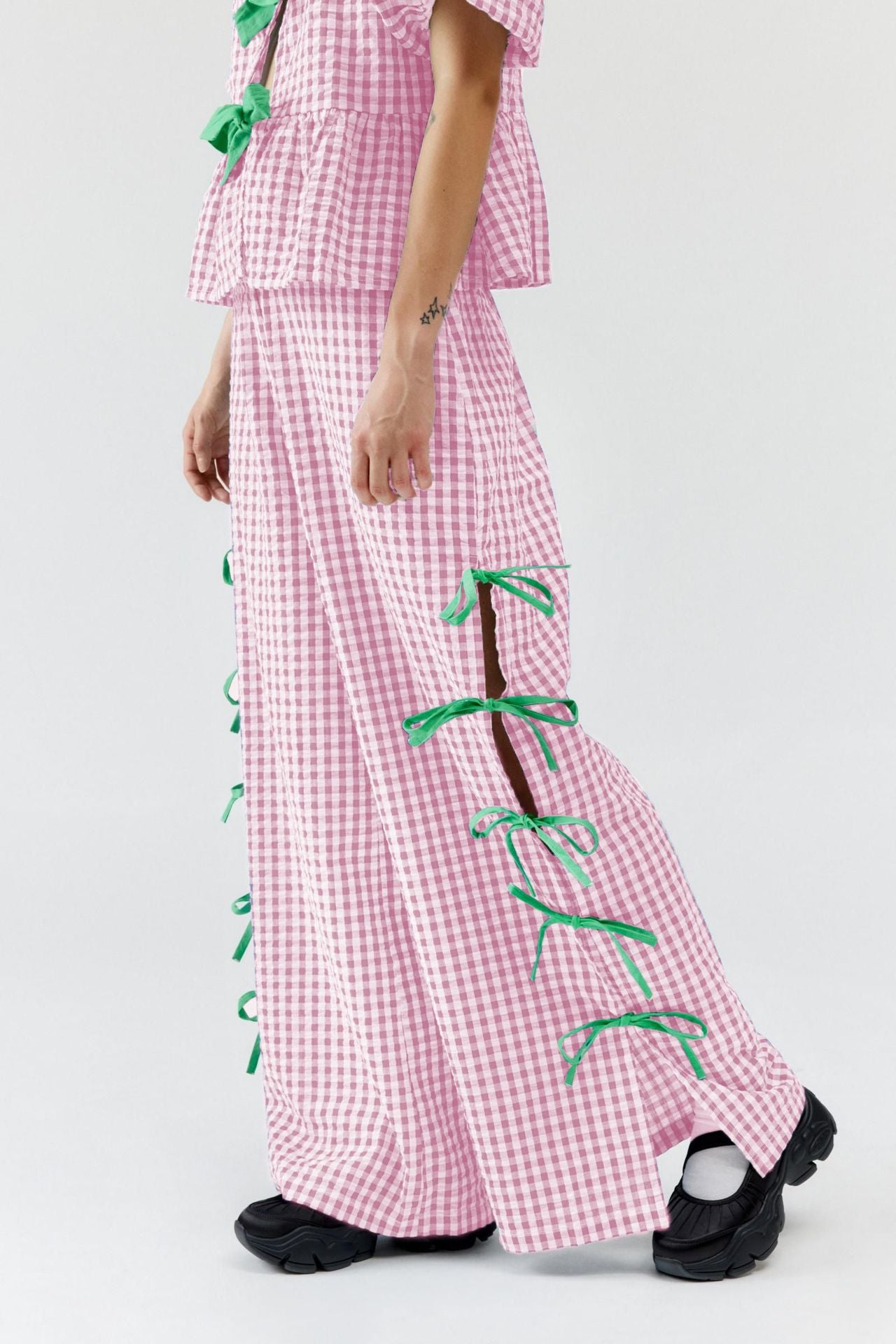 Side Tied Plaid Pants - felvior