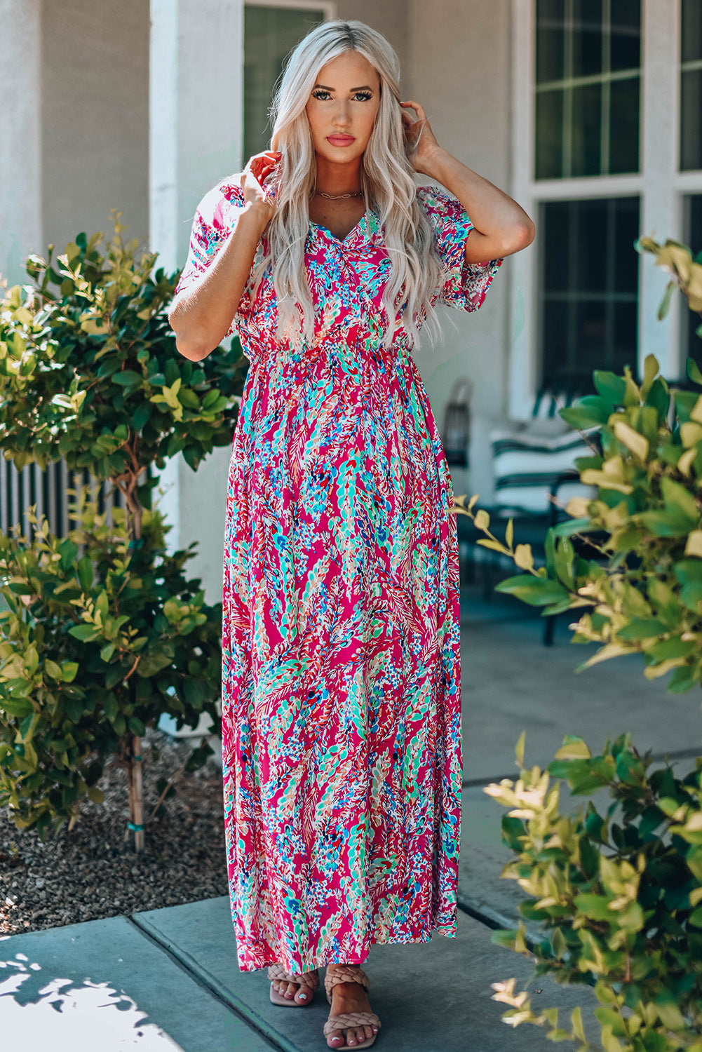 Multicolored V-Neck Maxi Dress - felvior
