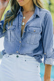 Pocketed Collared Neck Long Sleeve Denim Top - felvior