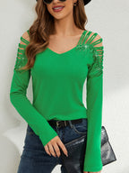 Rhinestone Cutout Long Sleeve T-Shirt