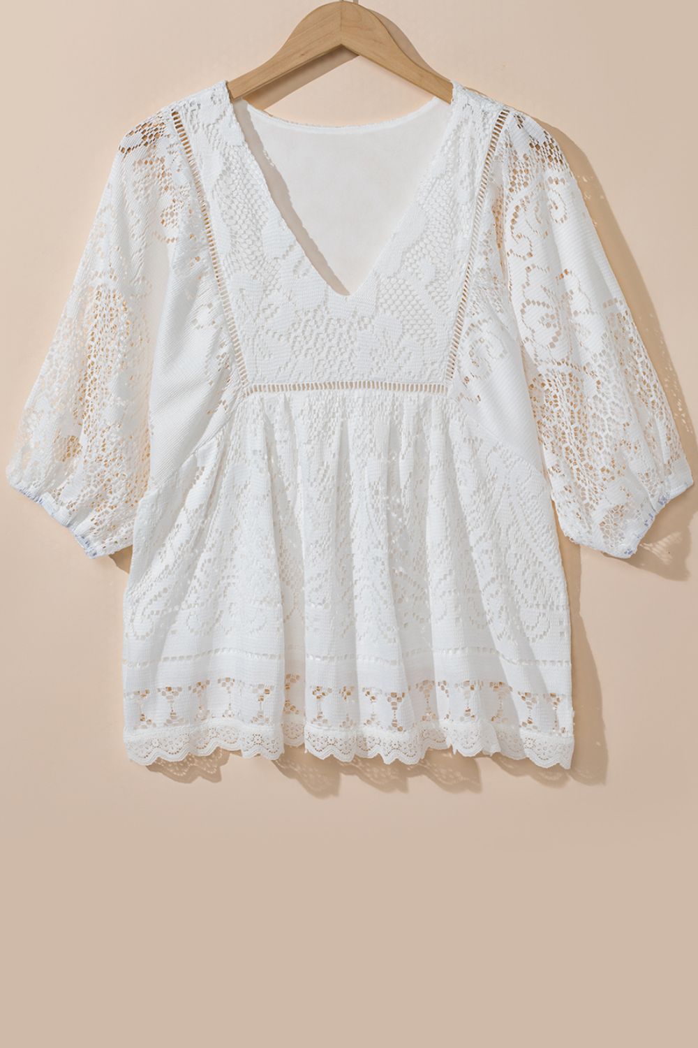 Lace Crochet Hollowed Scallop Hem V Neck Blouse