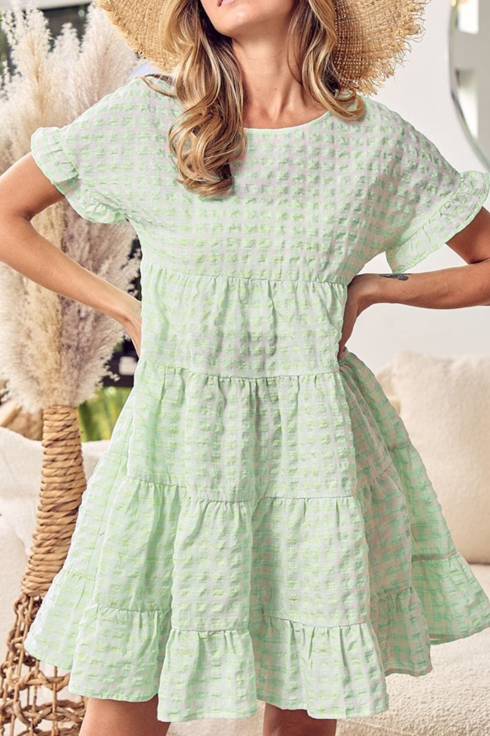 Textured Short Sleeve Tiered Mini Dress - felvior