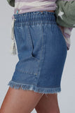 Raw Hem Drawstring High Waist Denim Shorts with Pockets - felvior