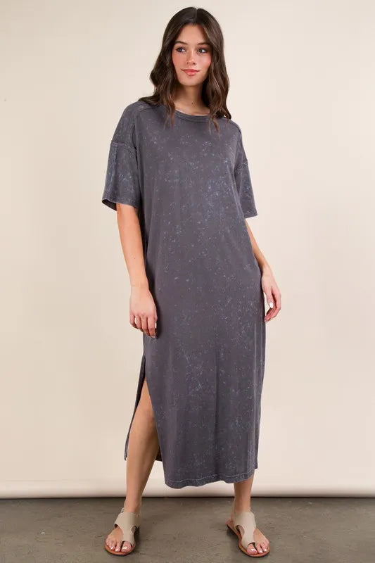VERY J Plus Size Mineral Washed Casual Comfy Midi Dress