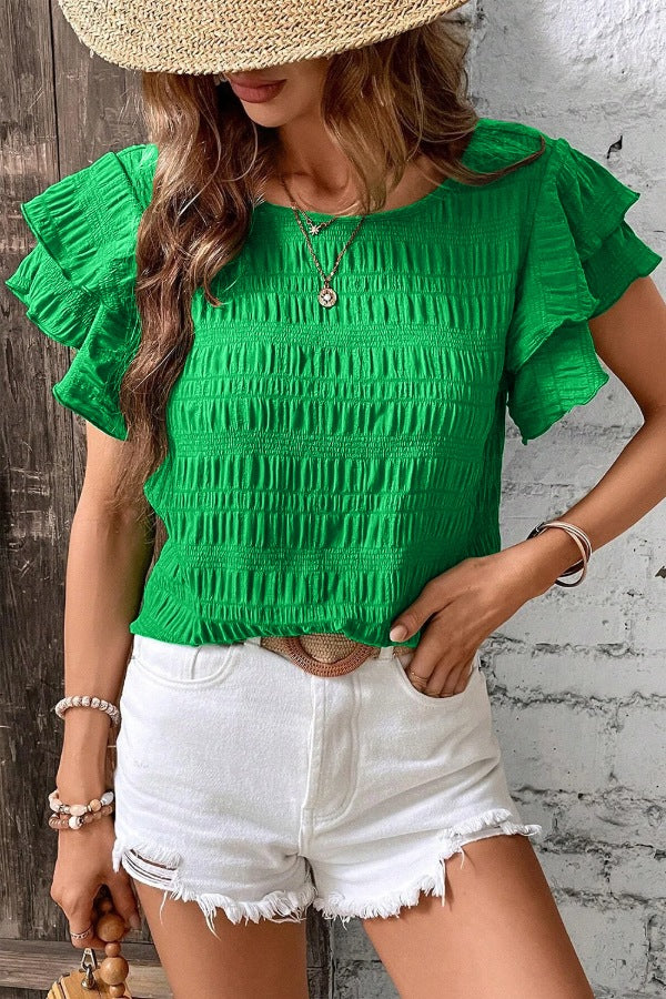 Textured Ruffled Sleeve Round Neck Top - felvior