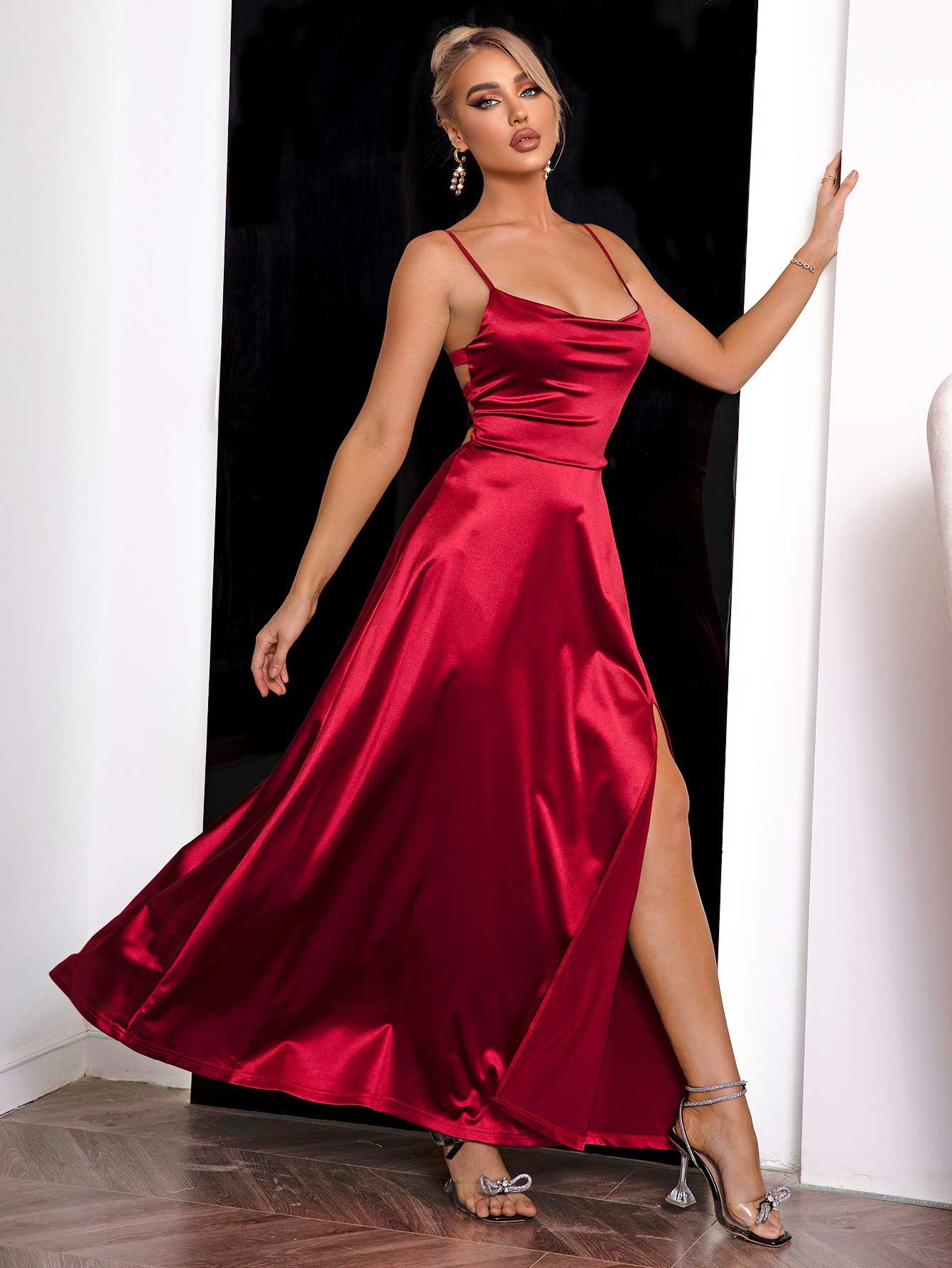 Spaghetti Strap Lace-Up Back Split Dress - felvior