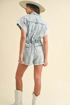 Annie Wear Elastic Waistband Short Sleeve Denim Romper