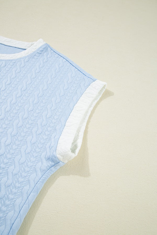 Contrast Trim Textured Crewneck Tee and Pocketed Skirt Set